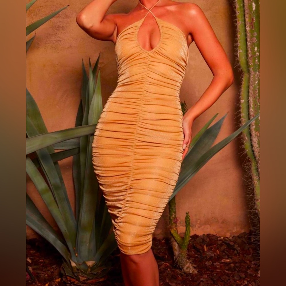 Elegant Gold Ruched Dress